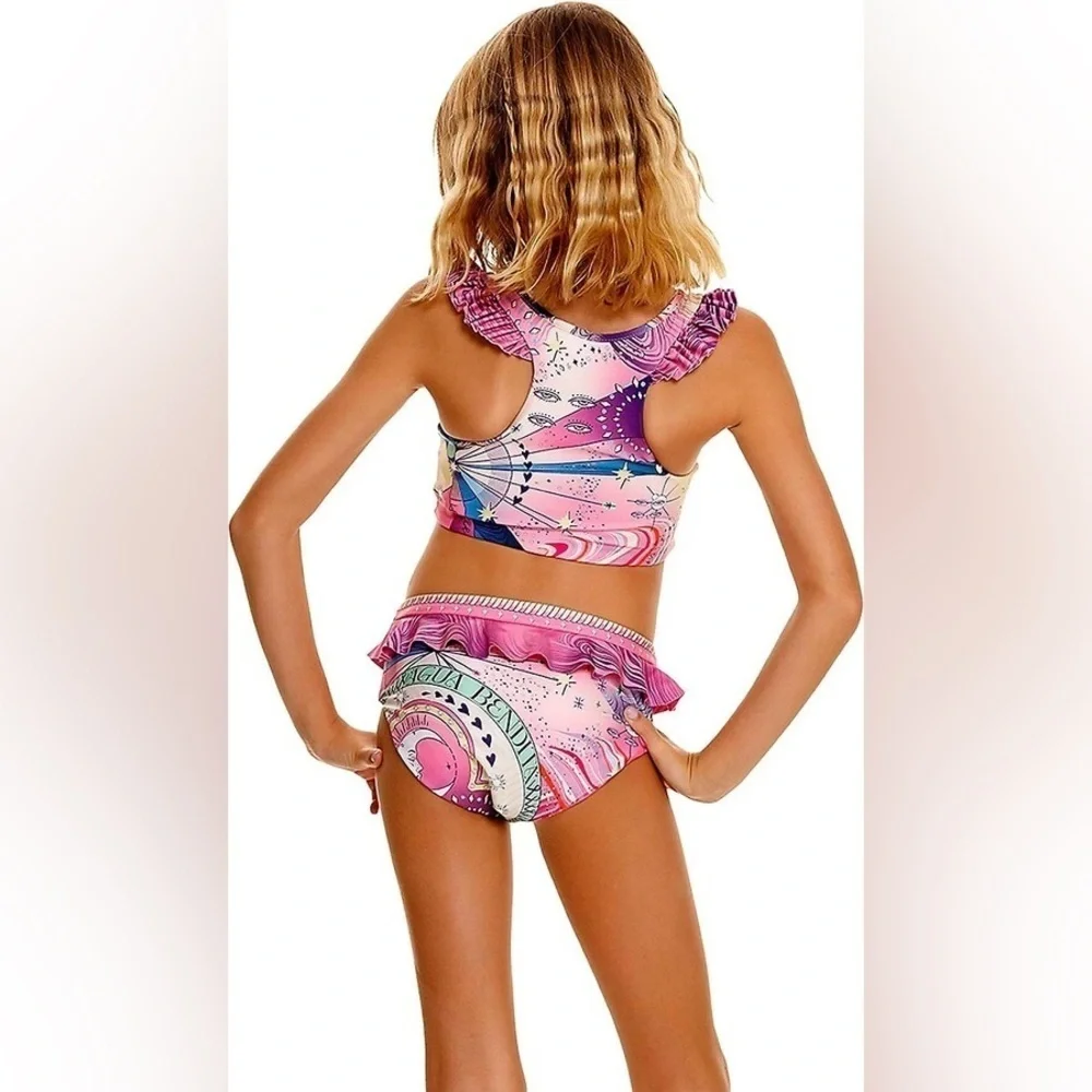 NWT Agua Bendita Keily Eter Two Piece Pink Ruffle Bikini Set Girls Size 2